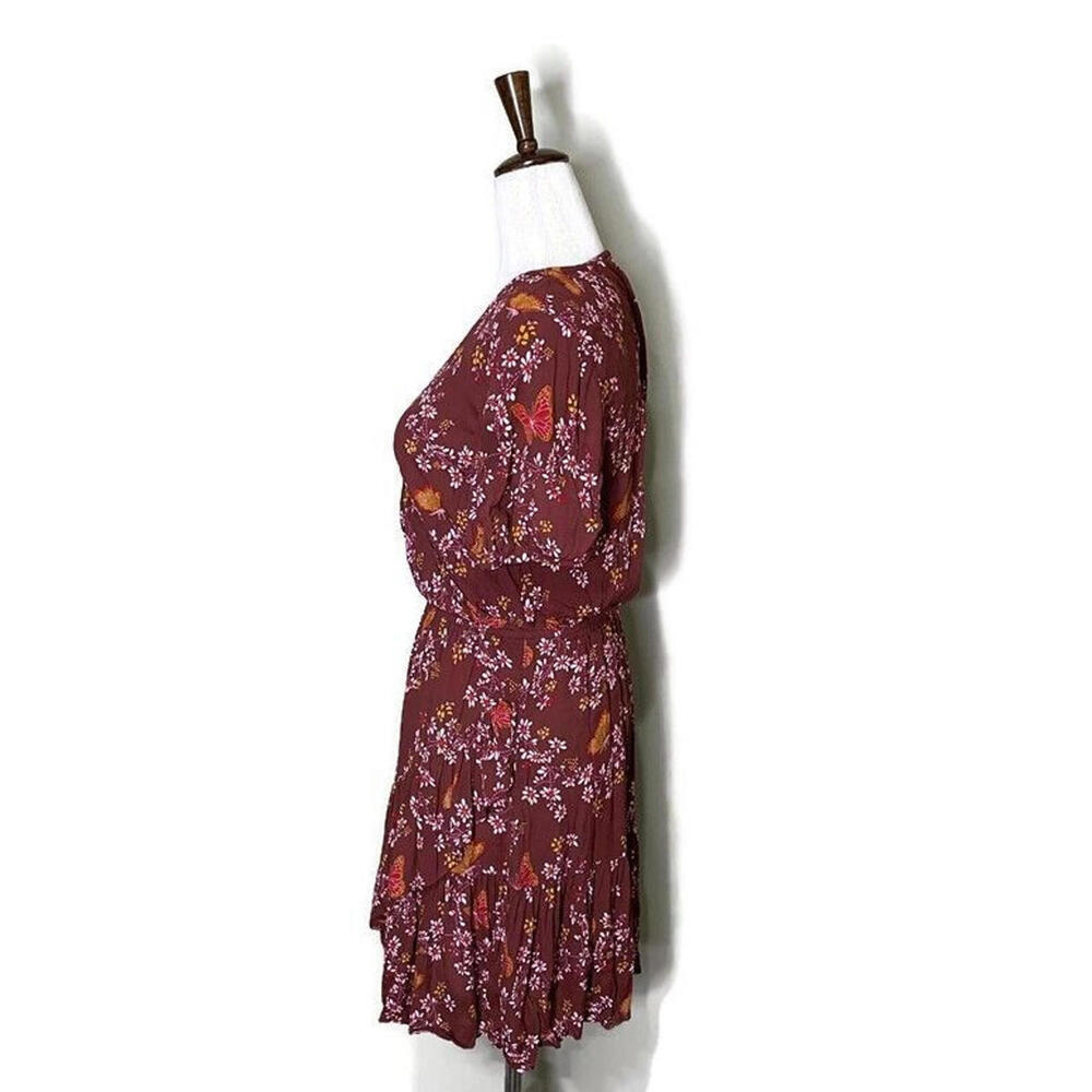 Madewell Ruffle Wrap Dress Windowbox Floral Butterfly Burgundy Short Sleeve 6 - Picture 4 of 9